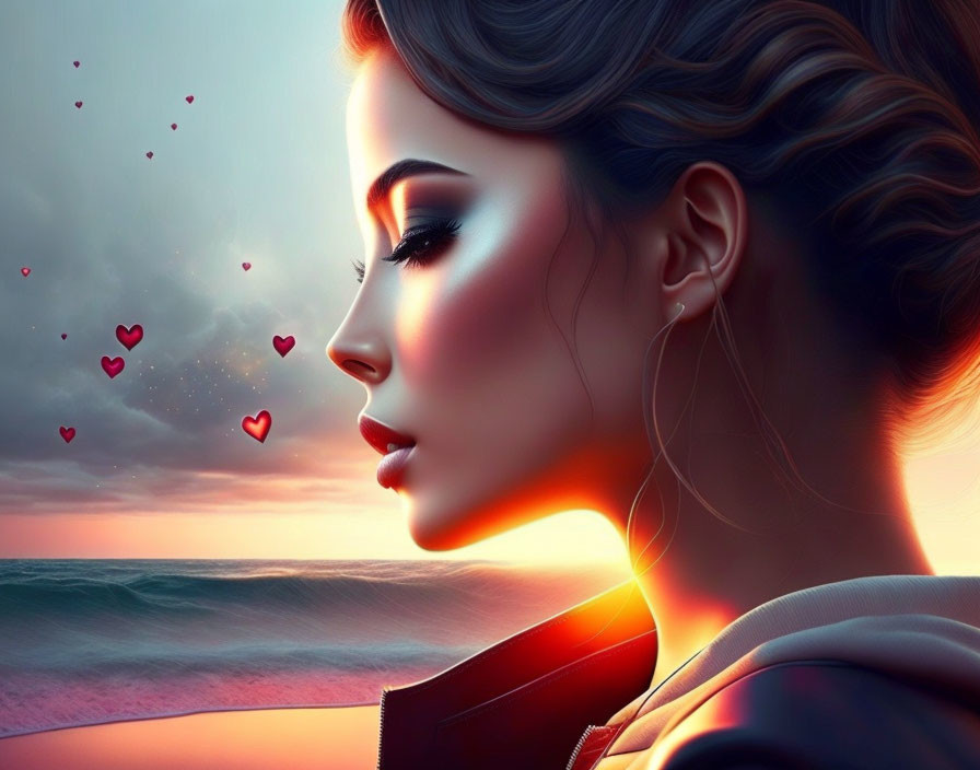 Profile of a Woman with Glowing Edges on Sunset Beach with Floating Hearts