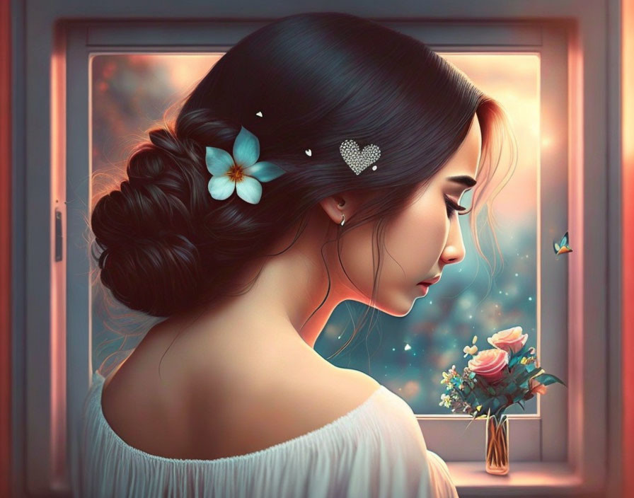 Digital artwork: Woman with braided updo, flowers, butterflies, and roses by a window