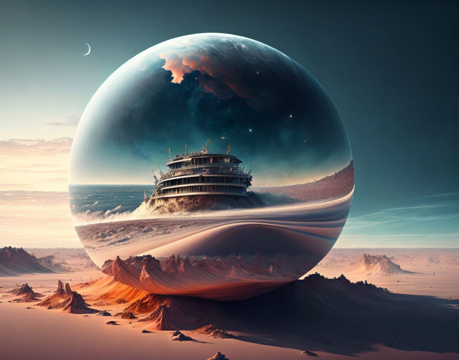 Gigantic glass sphere over ocean ship in surreal desert landscape