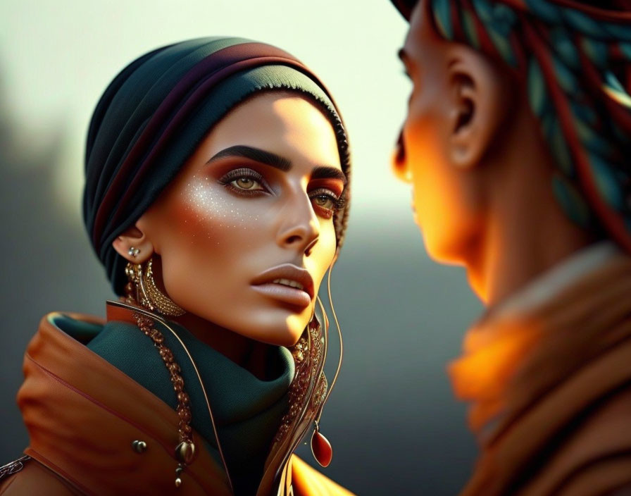 Detailed digital art portrait of two individuals facing each other, highlighting woman's vivid features with headscarf