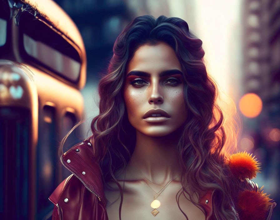 Digital portrait of woman with striking makeup, wavy hair, leather jacket, necklace, blurred city backdrop