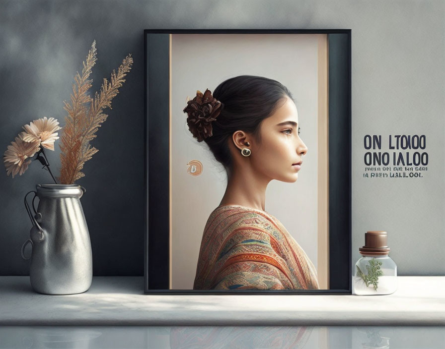 Woman's side profile portrait with flowers and bottle on shelf