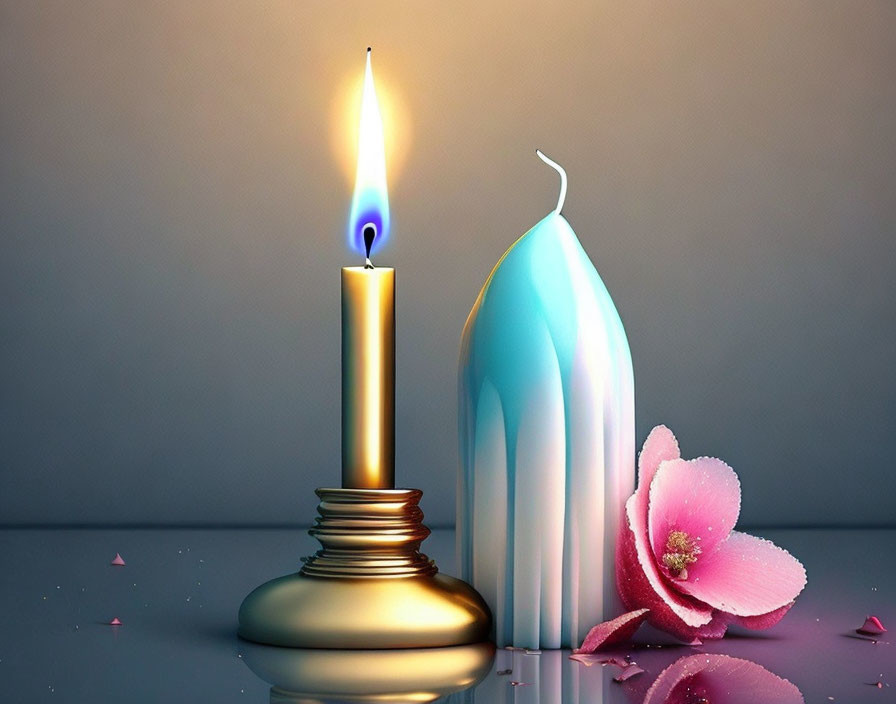 Melting blue and white candle with pink flower on reflective surface