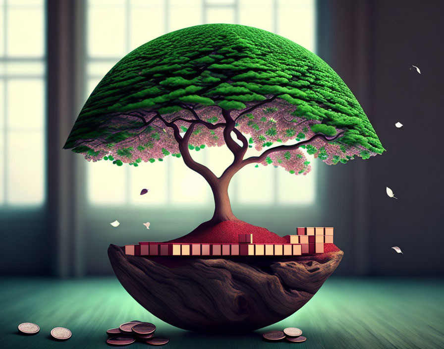 Surreal image of tree with green canopy, pink blossoms, wooden vessel, coins, and