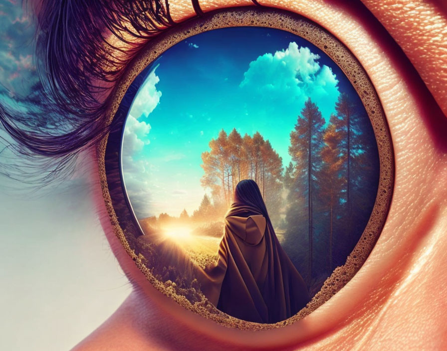 Forest Landscape with Cloaked Figure and Sunrise Reflected in Human Eye