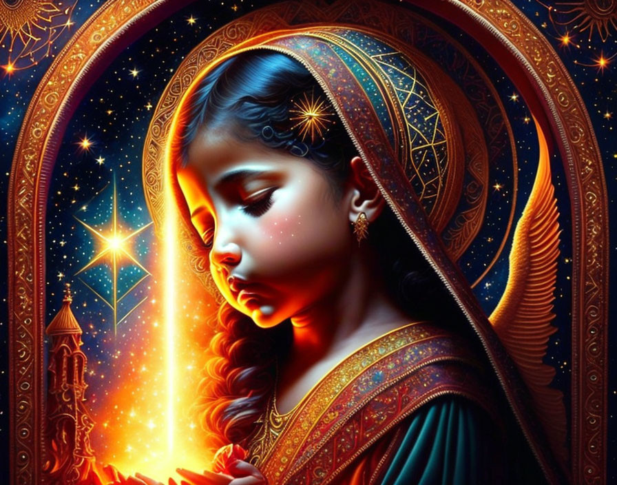 Illustration: Girl in celestial setting with shining light and cultural attire