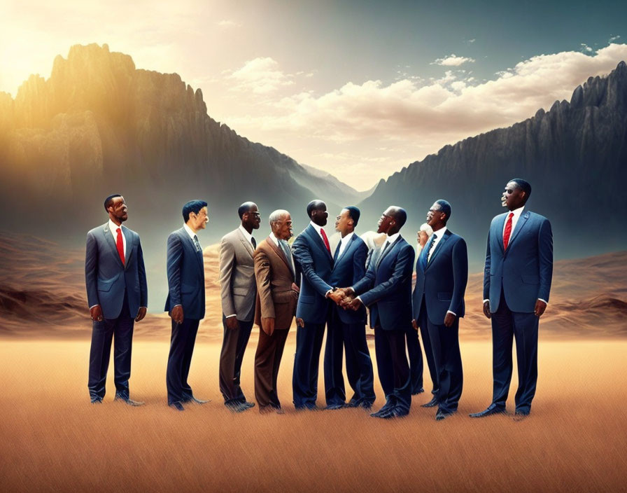 Men in suits shaking hands in desert landscape with dramatic rock formations.