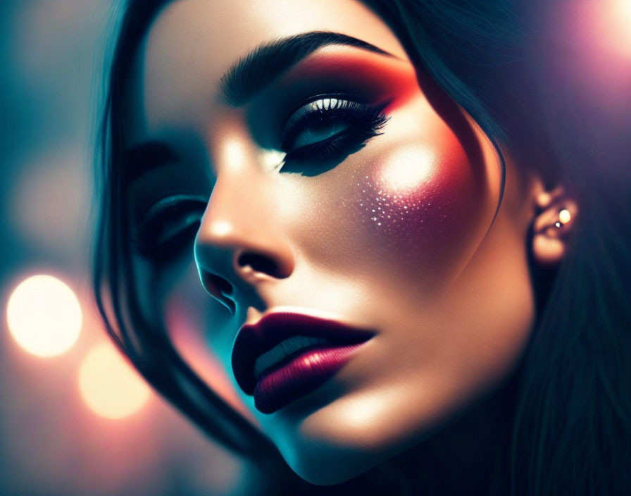 Vivid red eyeshadow and dark lipstick close-up portrait on bokeh background