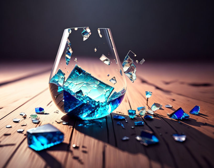 Shattered blue glass vase on wooden surface with dynamic shards.