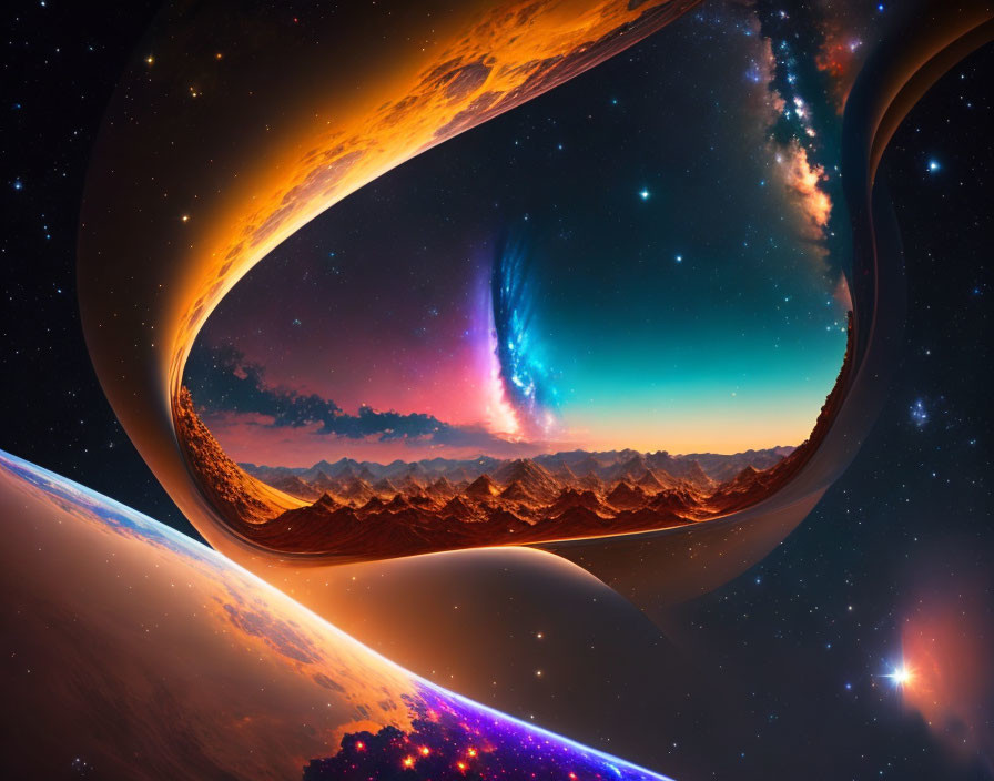 Surreal space scene with Möbius strip, vibrant nebula, stars, and rocky terrain