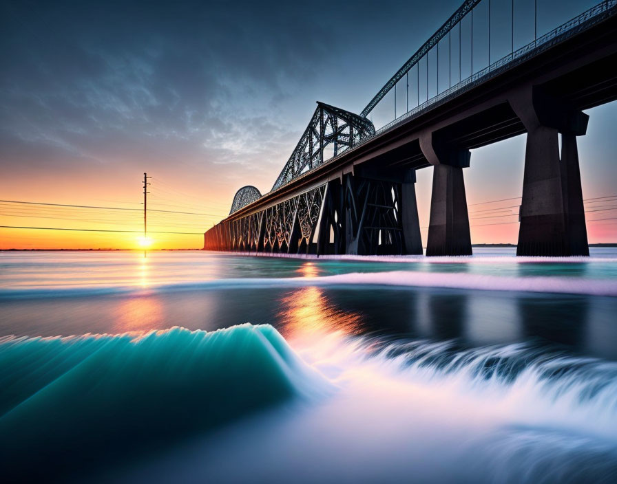 Vibrant sunset hues over calm waters and steel truss bridge