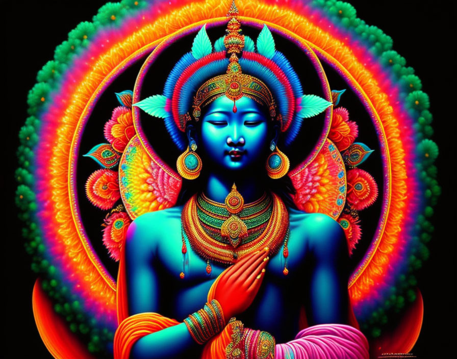 Colorful Hindu deity with multiple arms and intricate jewelry in psychedelic style