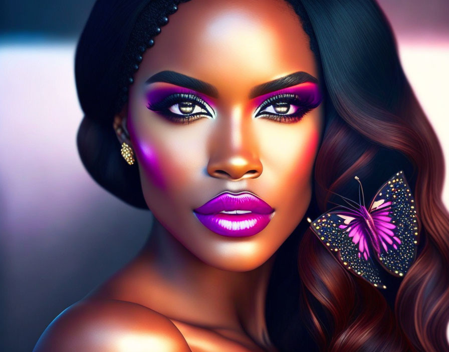 Vivid digital portrait of woman with purple makeup and butterfly.