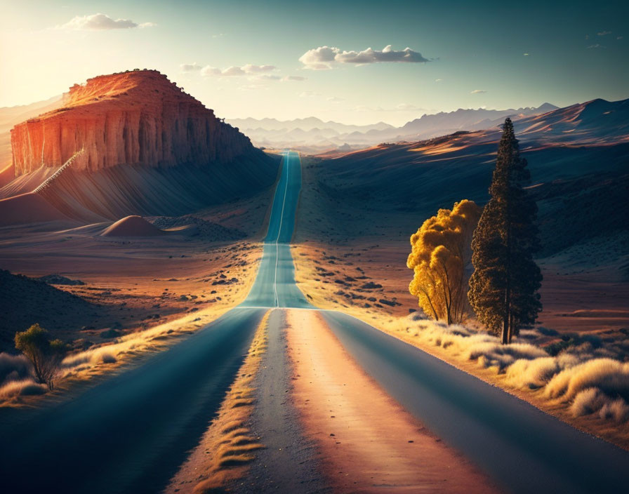 Deserted road through sand dunes to mesa under warm sunset