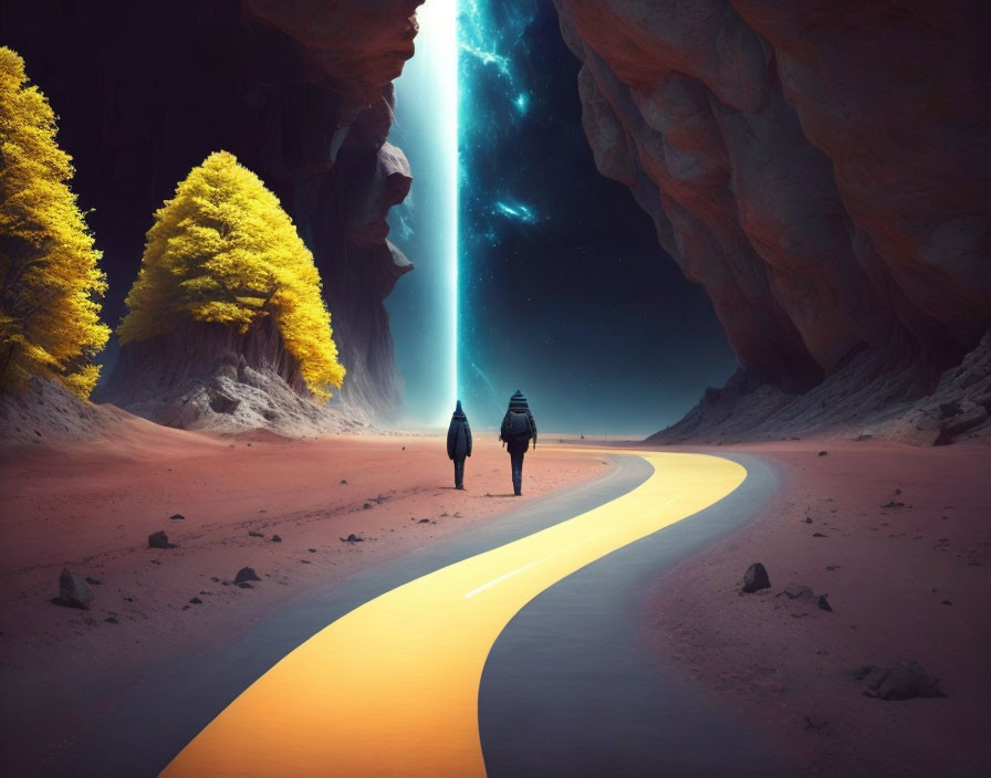 Night scene: Two figures on curving path between towering cliffs under bright beam of light