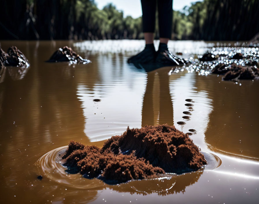 Hiker standing in murky water with wet boots, facing away, ant hills and reflection visible