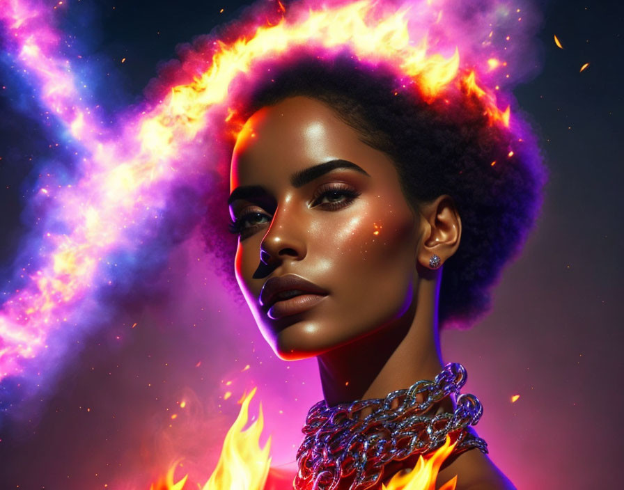 Glowing skin woman in cosmic orange and purple backdrop