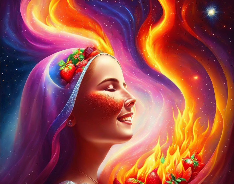 Smiling woman with cosmic background and fiery, starry hair.