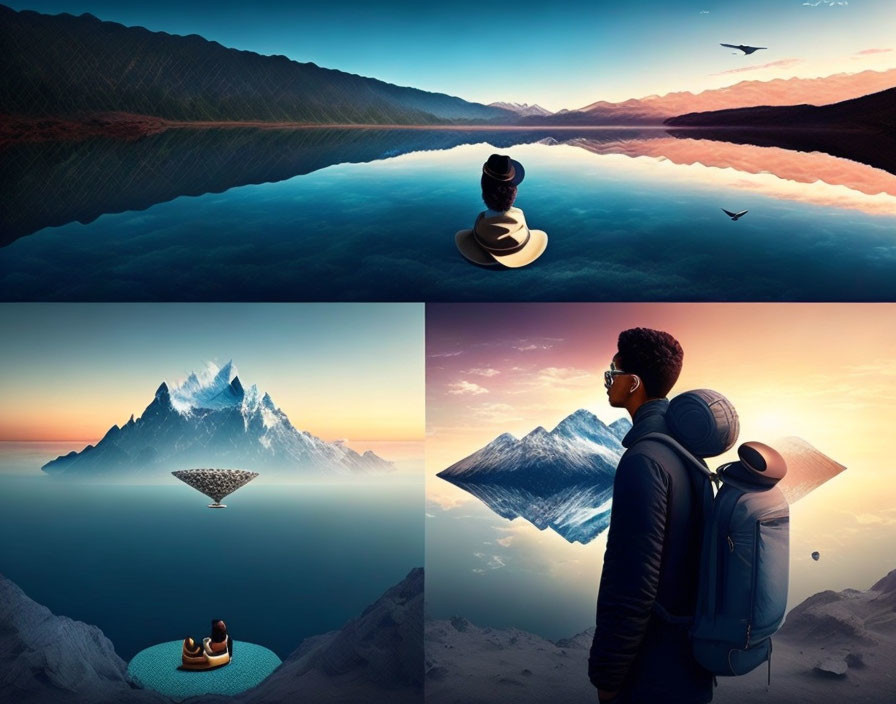 Surreal Landscapes Featuring Person in Hat in Serene Environments