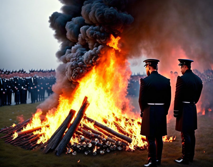 Ceremonial gathering around large bonfire with uniformed individuals