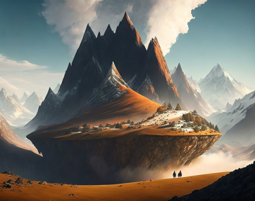 Floating Island with Sharp Mountain Peaks Above Desert