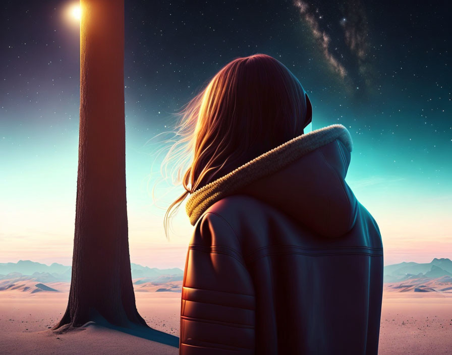 Person in jacket gazes at starry sky next to monolith in desert landscape