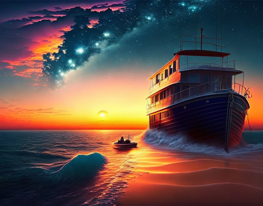 Vibrant orange sunset with ship and boat on ocean at twilight