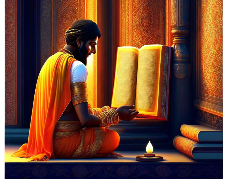 Traditional Indian Attire Man Reading Illuminated Manuscript by Candlelight