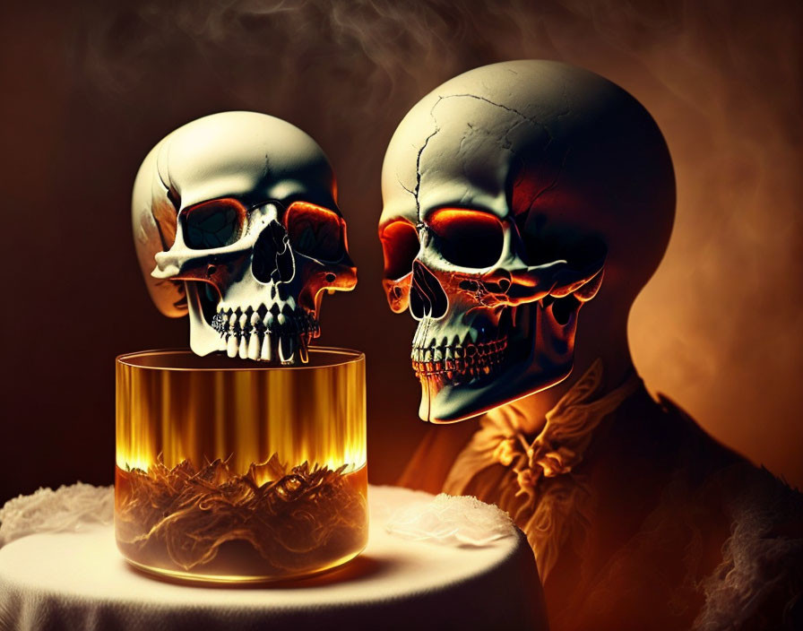 Skulls and whiskey glass on dark background