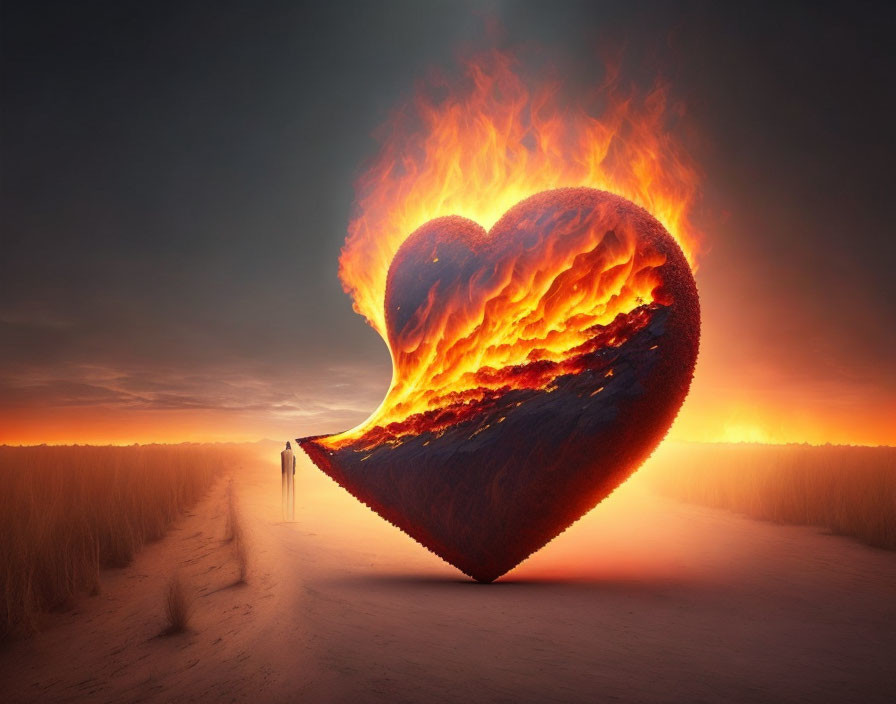 Person standing by giant flaming heart in surreal landscape