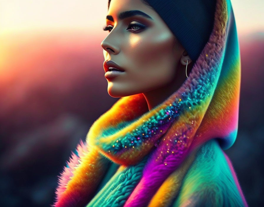 Vivid makeup woman in colorful scarf and beanie at warm sunset