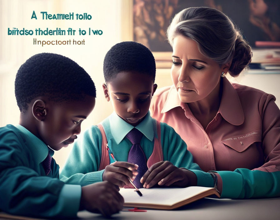 Young students in school uniforms writing with teacher's help.