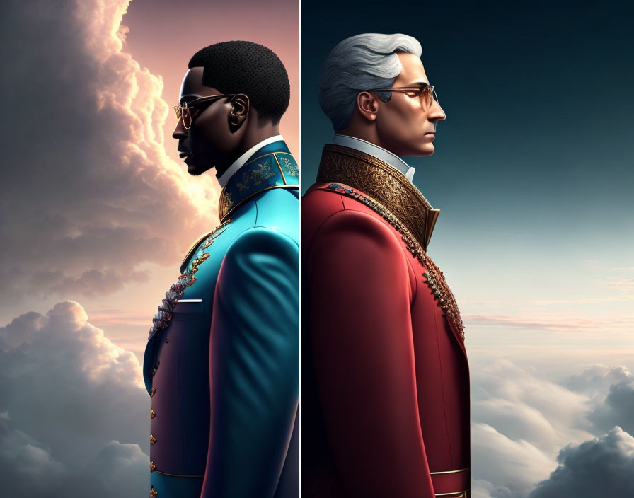 Stylized men in profile: one with glasses and a beard, one with white hair, against