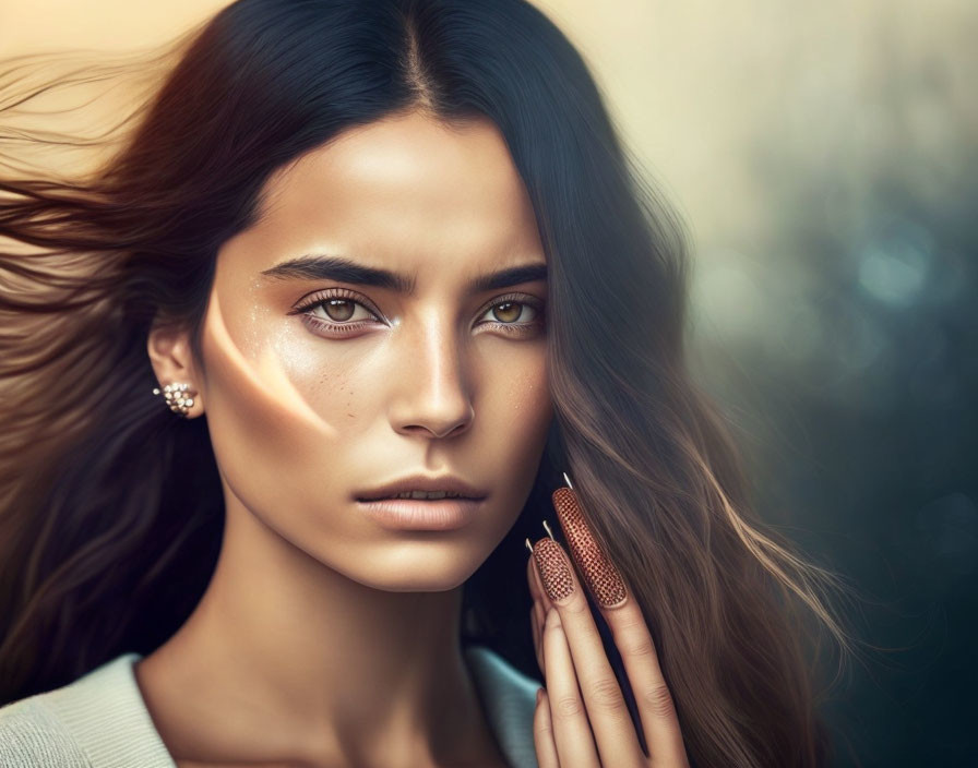 Woman with striking eyes and long brown hair showcasing glittering earring.