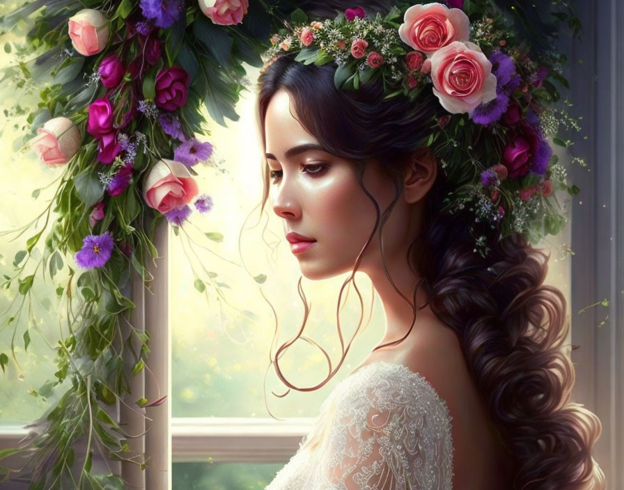 Woman with Floral Headdress Gazing Out Window surrounded by Vibrant Roses