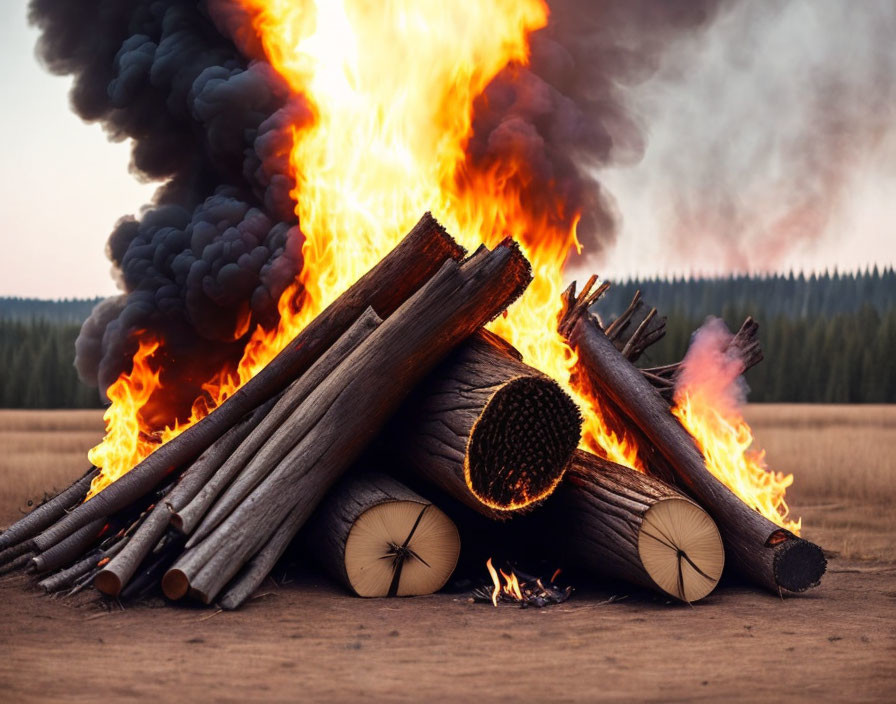 Forest bonfire with thick black smoke and burning logs