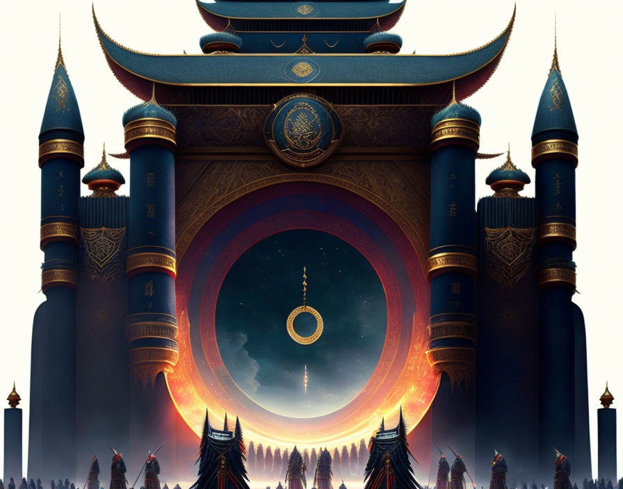 Fantasy gate with mystical symbols opens to celestial scene