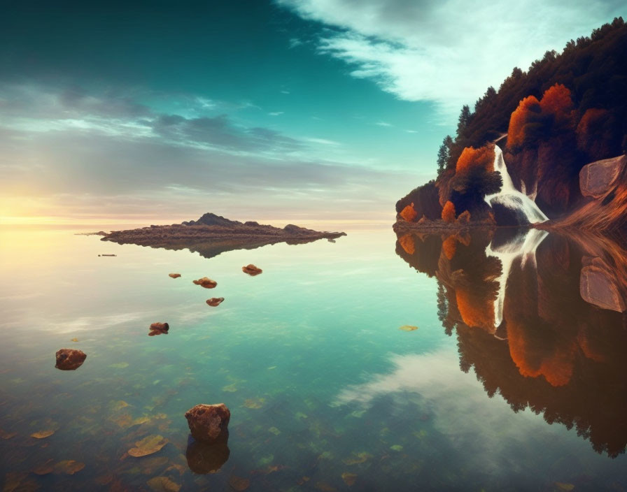 Tranquil autumn lake with waterfall, island, and stepping stones.