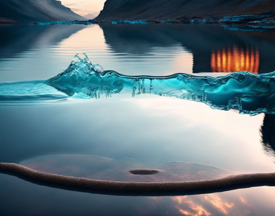 Tranquil landscape with floating ice, sunset reflection, and mountains