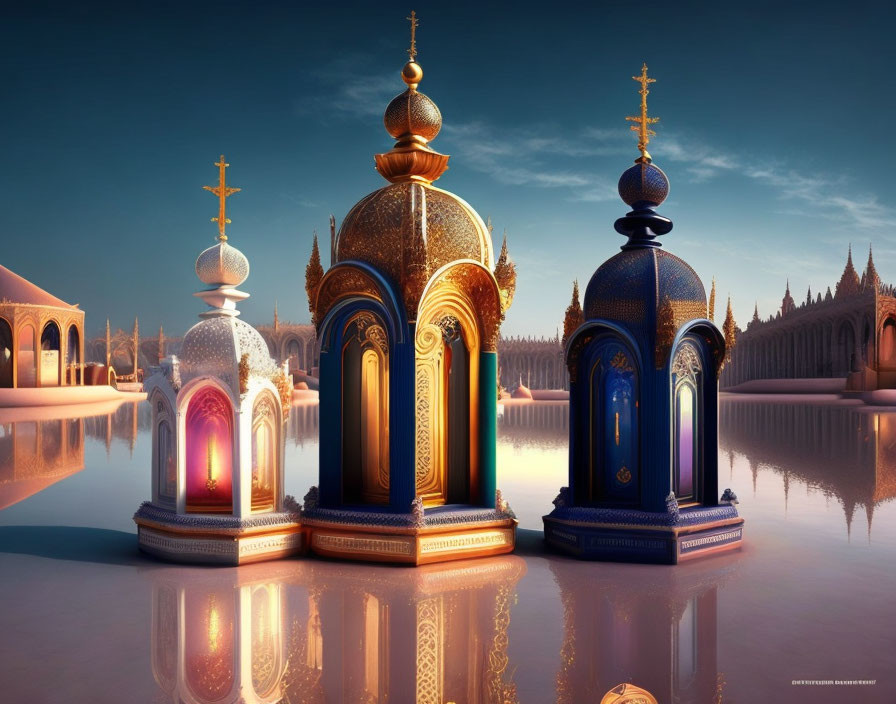 Eastern-style domes reflecting on water at twilight with intricate golden patterns