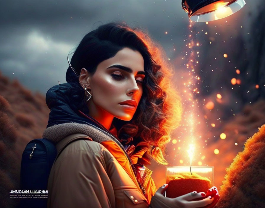 Stylized image of woman with striking makeup in mystical autumnal setting