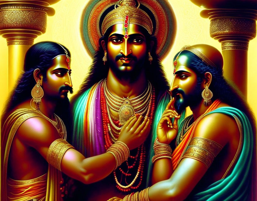 Three Hindu mythological figures with halos, central character with blue skin, engaged in discussion