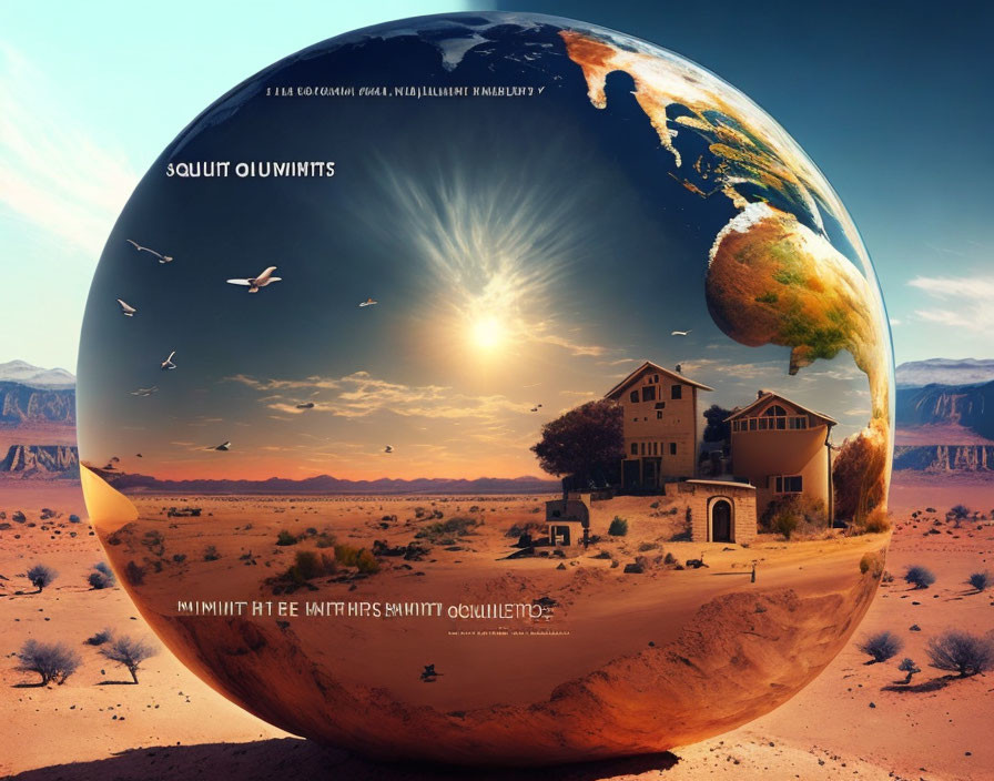 Surreal desert scene with massive reflective globe, reversed landscape, houses, and flying birds