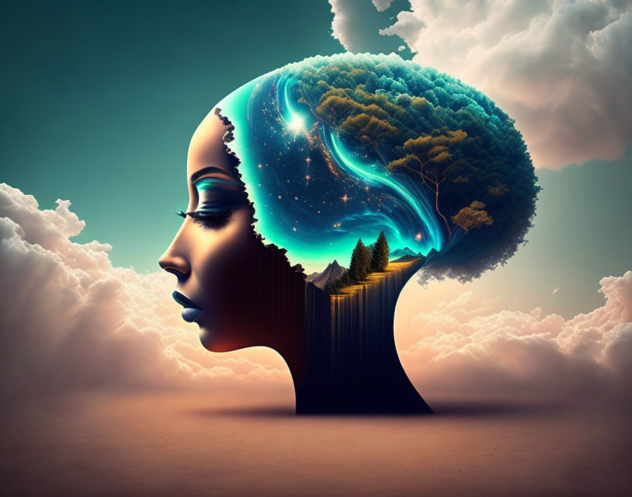 Surreal woman's silhouette with vibrant universe and nature scene in brain