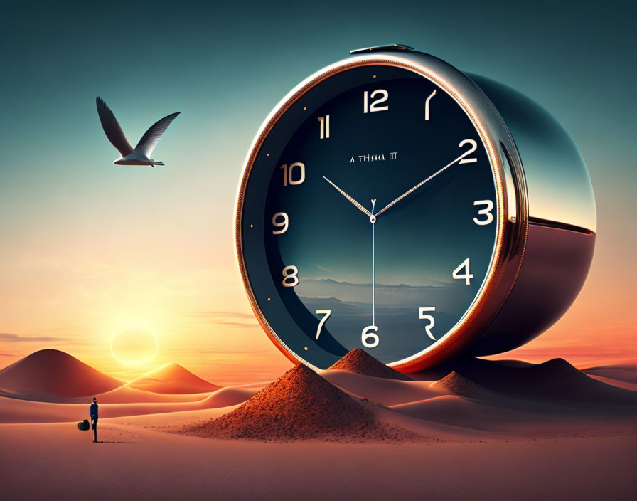 Person in desert with melting clock under sunset sky and flying bird