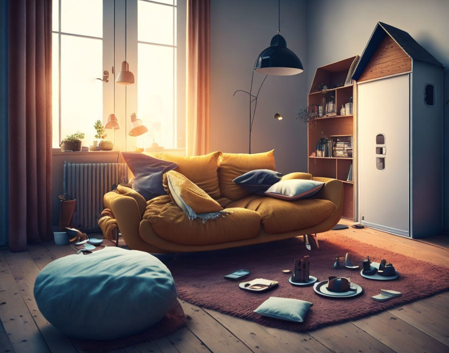 Warm Sunlit Living Room with Mustard Yellow Couch & Books