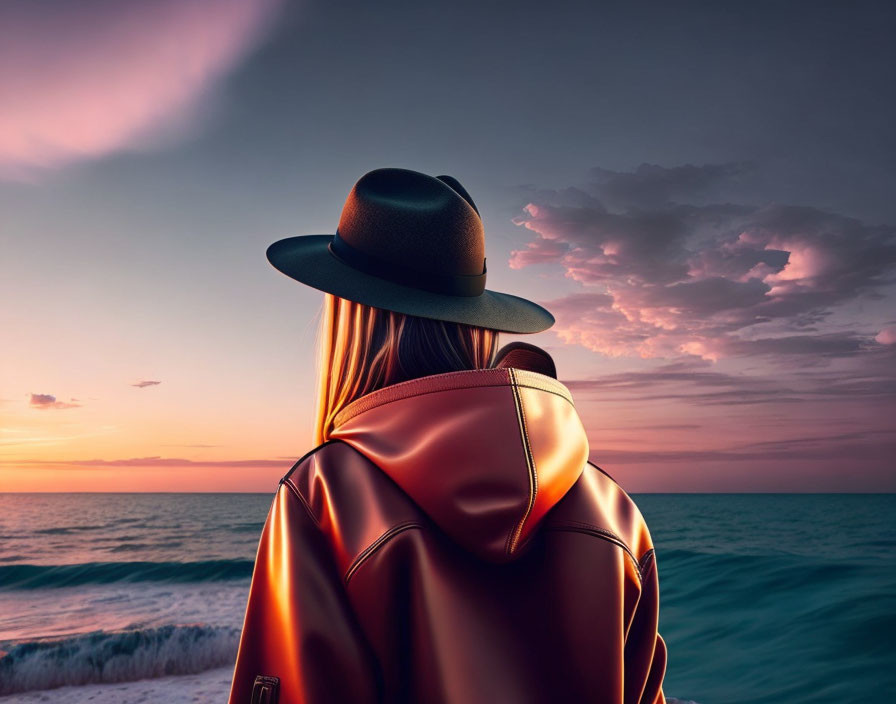 Individual in leather jacket and hat admiring ocean sunset.