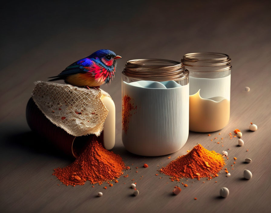 Colorful Bird on Burlap Cloth Next to Spilled Spices Jars