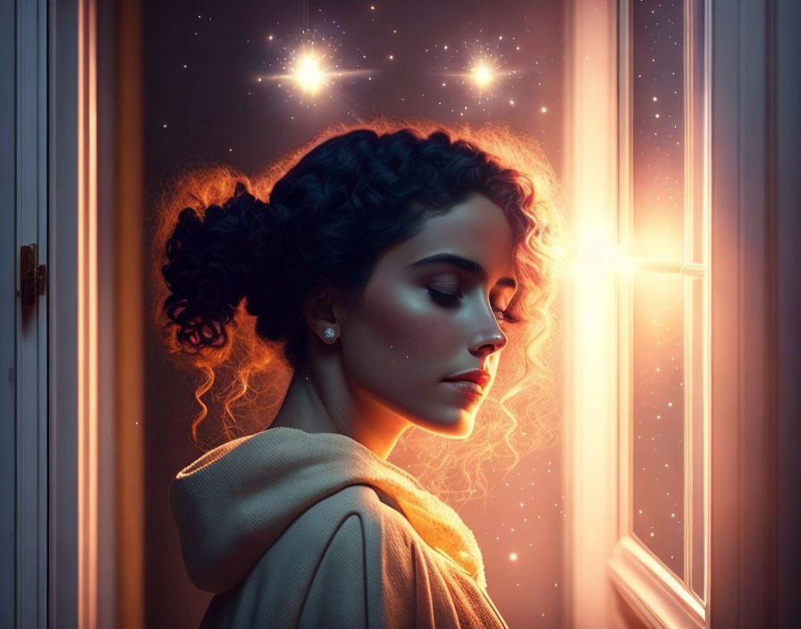 Woman with intricate braided hair looking out of glowing window at night stars