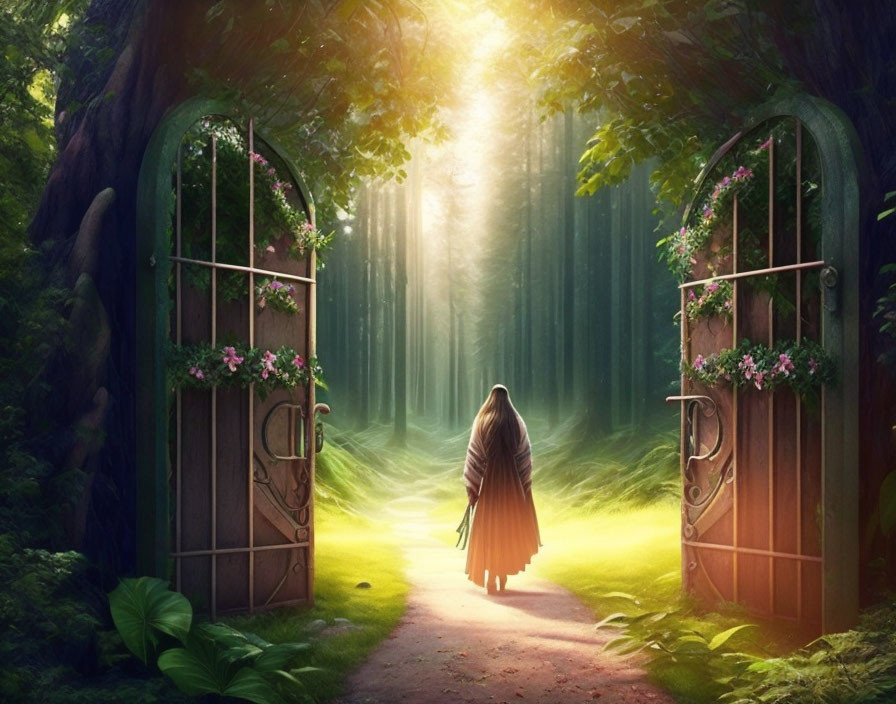 Person in cloak walks to mystical forest through ornate gates.